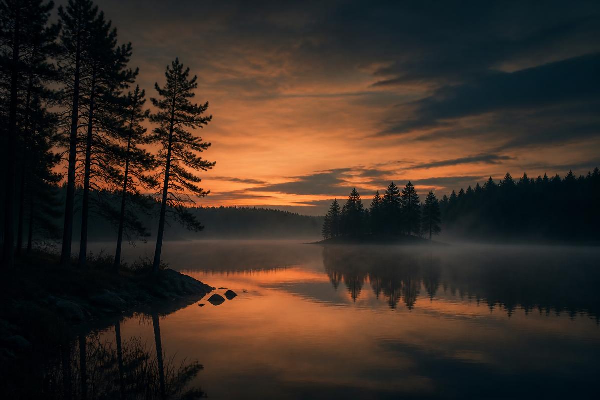 Sumuinen Saimaan ranta hämärissä